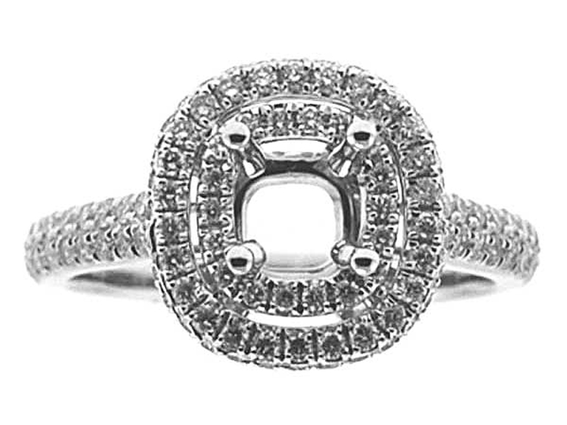 Double Halo Two Row Pave and Micro Prong 0.86ct Diamond Semi Mount Engagement Ring 18kt White Gold