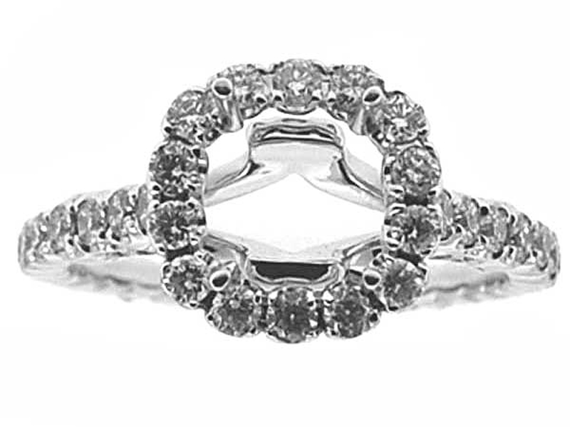 Square Cushion Halo Single Row Band 1.05ct Diamond Semi Mount Engagement Ring 18kt White Gold