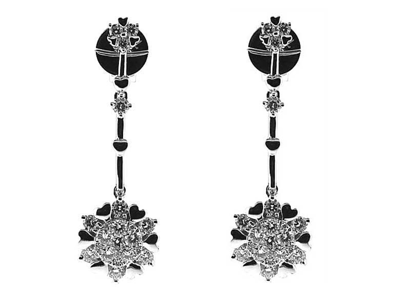 Dangling Bar Cluster Diamond Earrings Heart Shaped Prongs Post Pushbacks 18kt White Gold