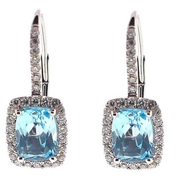Rectangle Cushion Aquamarine Leverback Dangling Earrings with Diamond Halo in 18K White Gold