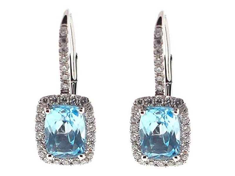 Rectangle Cushion Aquamarine Leverback Dangling Earrings with Diamond Halo in 18K White Gold