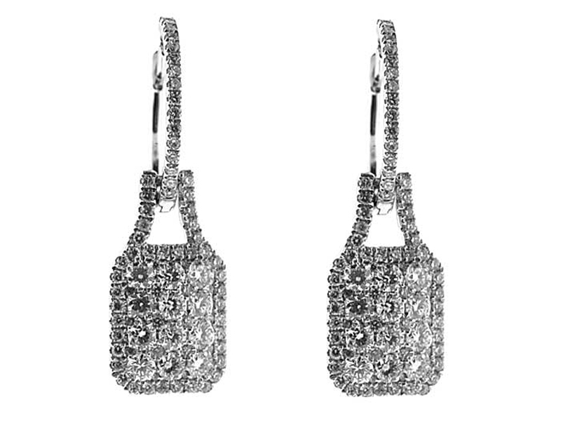 Dangling Rectangle Cluster Earrings with Halo Design and Diamonds Set in 18k White Gold