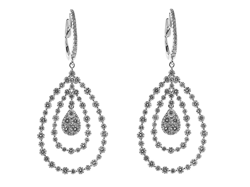 Drop Style Dangling Earrings with Round Diamonds Set in 18k White Gold