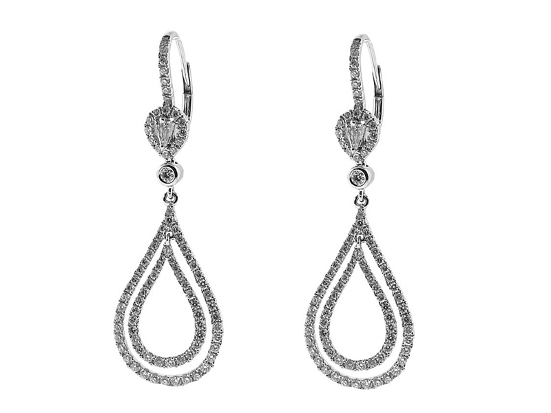 Double Tear Drop Dangling Diamond Earrings Lever Back 18kt White Gold