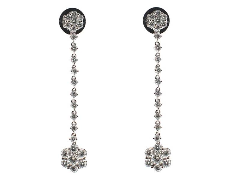 Stiletto Long Dangling Diamond Earrings Flower Clusters in 18kt White Gold