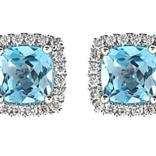 Cushion Cut Aquamarine Post Back Stud Earrings with Single Diamond Halo Set in 18K White Gold