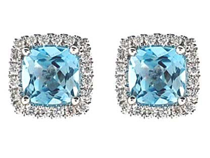 Cushion Cut Aquamarine Post Back Stud Earrings with Single Diamond Halo Set in 18K White Gold