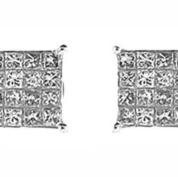 Square Invisible Set Princess Diamond Post Stud Type Earrings 18kt White Gold
