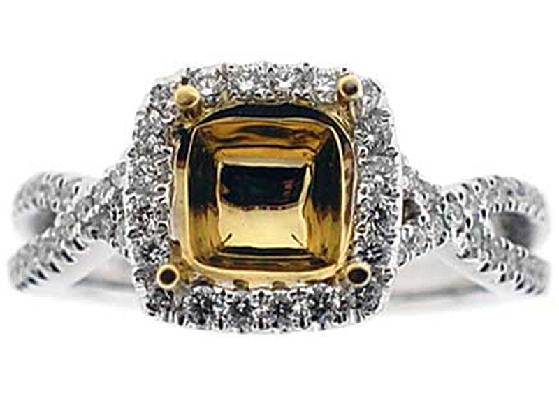 Square Cushion Halo Twist Band 0.45ct Diamond Semi Mount Engagement Ring for a Fancy Yellow Center 18kt White gold