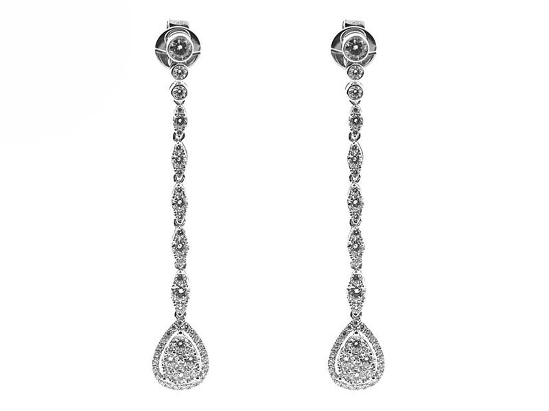Stiletto Long Dangling Diamond Earrings Tear Drop Cluster in 18k White Gold