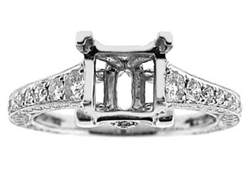 3 Sided Single Row Miligrain 0.90ct Diamond Semi Mount Engagement Ring 18kt White Gold