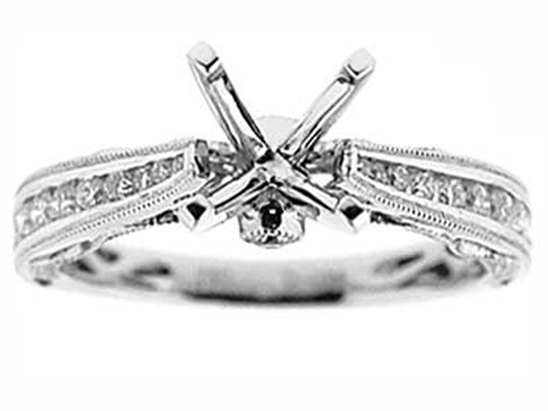 Single Row Miligrained Channel Set, Filigree Sides with Hidden Diamond Semi Mount 0.36ct Engagement Ring 18kt White Gold