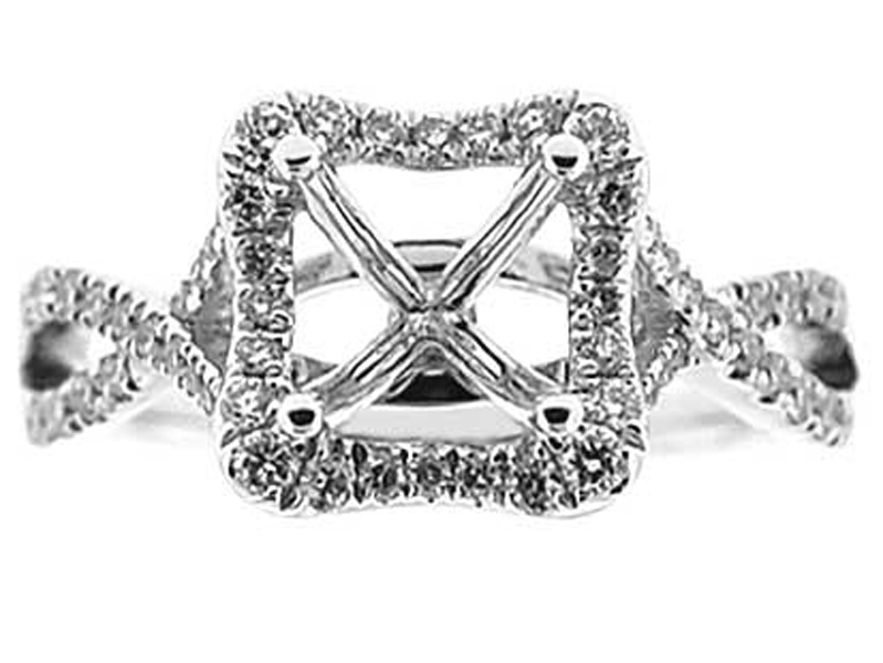 Twist Shank Semi-Mount Engagement Ring with Square Halo and Round Diamonds in 18K White Gold