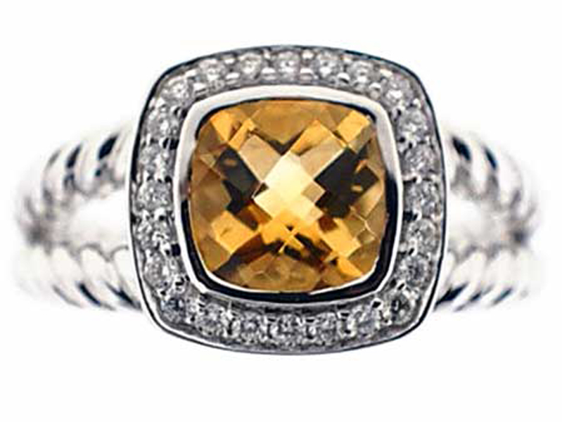 Cushion Citrine Diamond Halo Roped Split Shank Ring 18kt White Gold