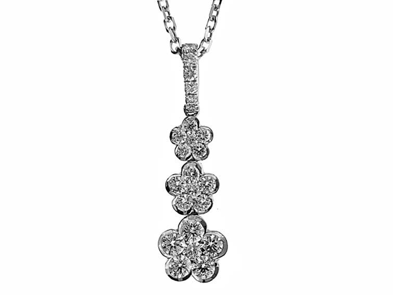 Dangling Graduated Triple Flower Pendant with Diamonds Set in 18k White Gold