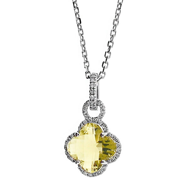 Clover Shaped Lemon Quartz Pendant with Halo of Diamonds in 18k White Gold