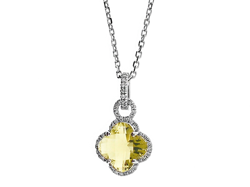 Clover Shaped Lemon Quartz Pendant with Halo of Diamonds in 18k White Gold