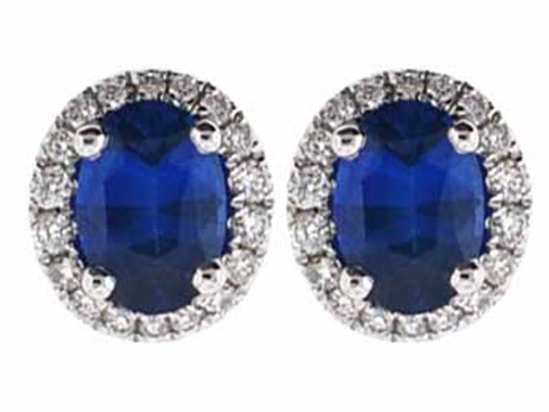 Oval Genuine Sapphires with Diamond Halo Post Push Back Earrings 18kt White Gold