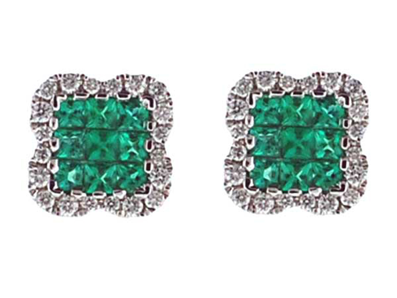 Square Emerald Post Back Stud Earrings with Wavy Diamond Halo Border in 18K White Gold