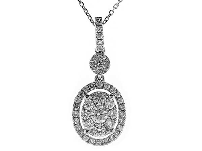 Dangling Oval Pendant with Prong Set Diamonds Surrounded by Diamond Halo in 18k White Gold