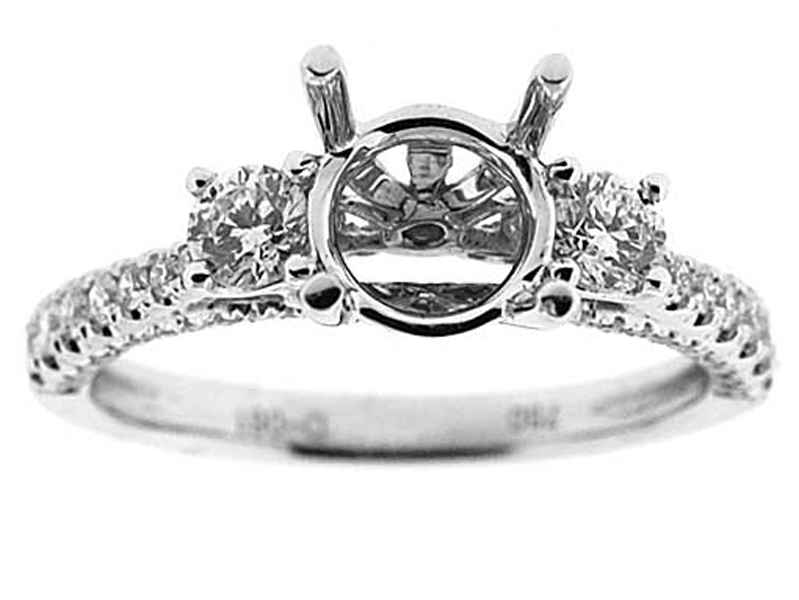 3 Sided 3 Stone Look With Hidden Diamond 0.61ct Semi Mount Engagement Ring 18kt White Gold