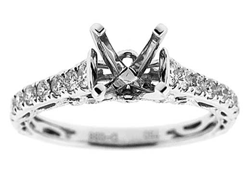 Single Row Sides Fligree Crafted with Milgrain 0.37ct Diamond Semi Mount Engagement Ring 18kt White Gold
