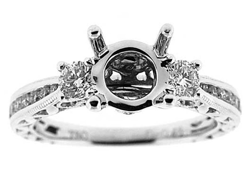 3 Stone Look Round Diamonds Filigree and Miligrain Sides Semi Mount Engagement Ring 18kt White Gold