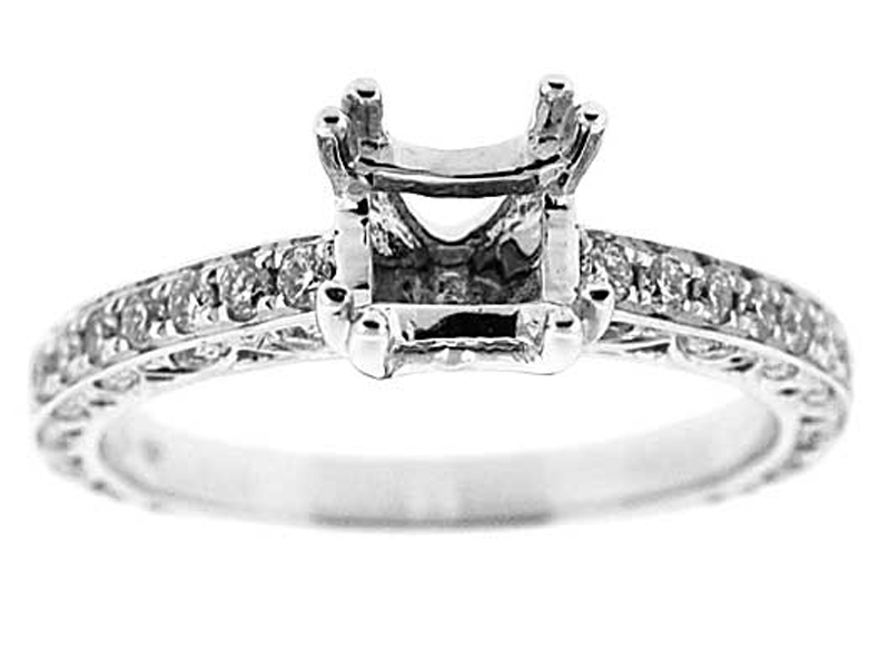 One Row With Scalloped Sides Micro Prong Set 0.35ct Diamond Semi Mount Engagement Ring 18kt White Gold