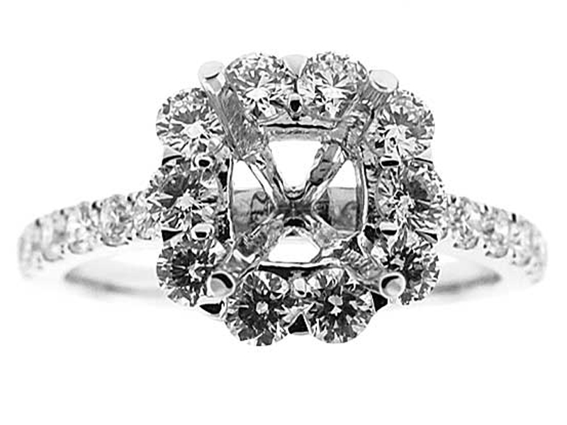 Cushion Halo Single Row Shank Diamond Engagement Ring Semi Mount