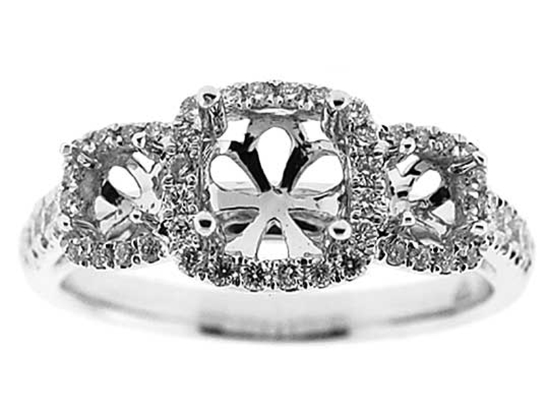 3 Stone Halo Single Row Shank Diamond Engagement Ring Semi Mount