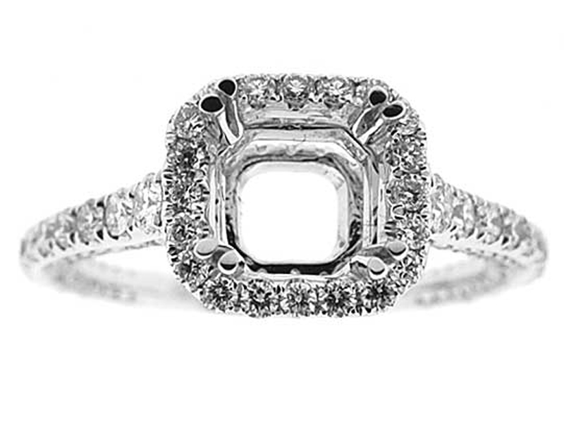 Square Halo Tiered Bottom Single Row Diamond Engagement Ring Semi Mount