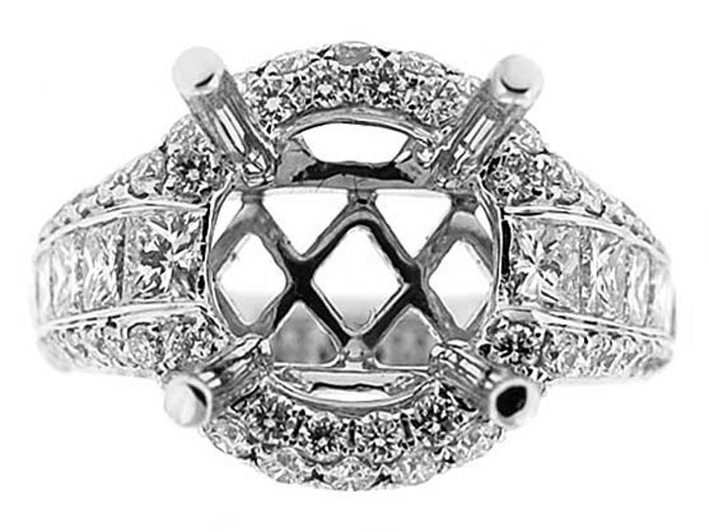 Halo With 3 Row Sides 2.04 TCW Diamonds Semi Mount Engagement Ring 18kt White Gold