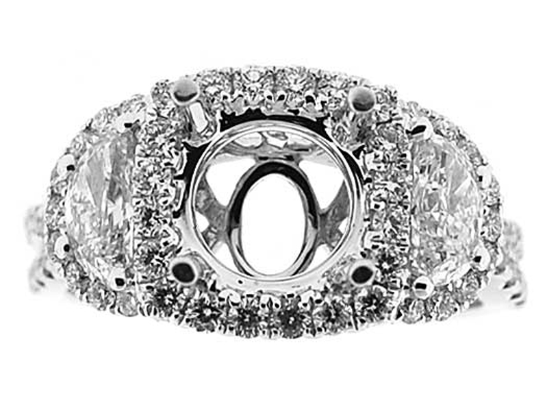 3 Halos, Half Moon Side Diamonds, Filigree Milgrain Twist Shank 1.18ct Semi Mount Engagement Ring 18kt White Gold