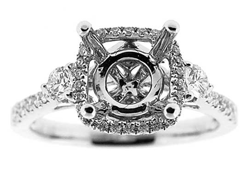 Princess Halo 3 Stone Look Single Row Shank Diamond Engagement Ring Semi Mount