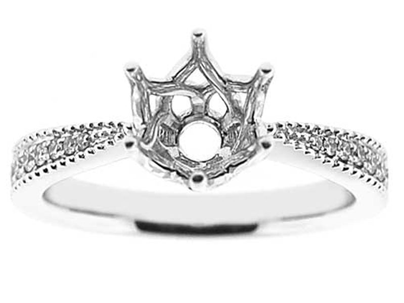 Graduating Beaded Shank 6 Prong Crown Head Diamond Engagement Ring Semi Mount