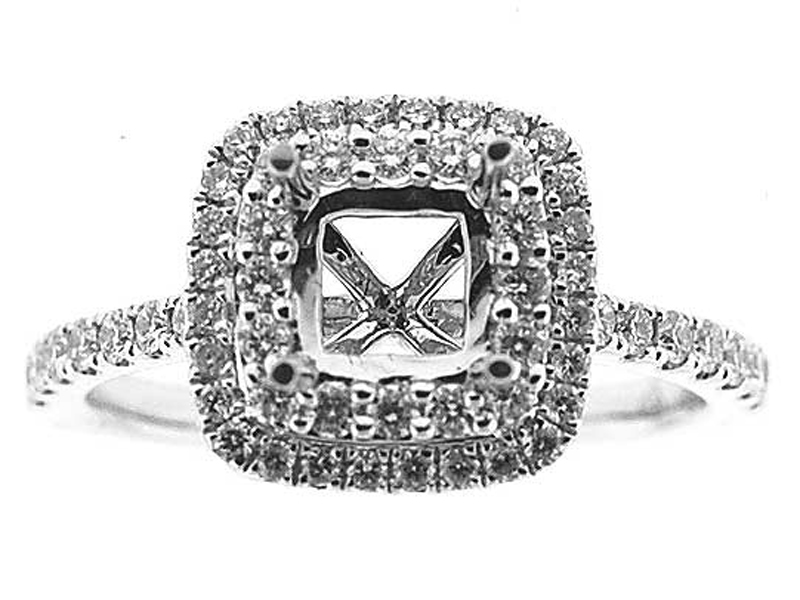 Double Square Halo Frame With Thin Shank Diamond Semi Mount Engagement Ring