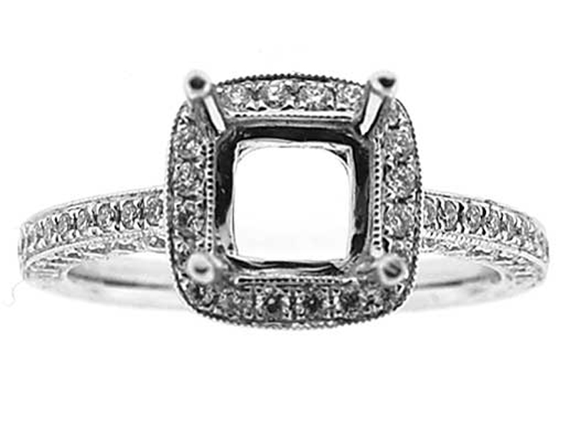 Cushion Halo Frame Miligrain Filigree Diamond Semi Mount Engagement Ring