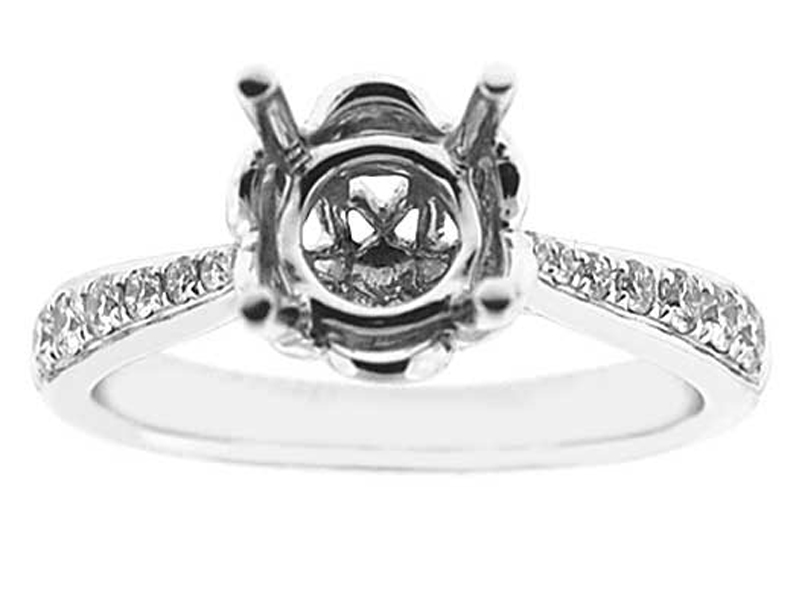 Graduating Shank Decorated Crown Semi Mount Diamond Engagement Ring in 18k White Gold