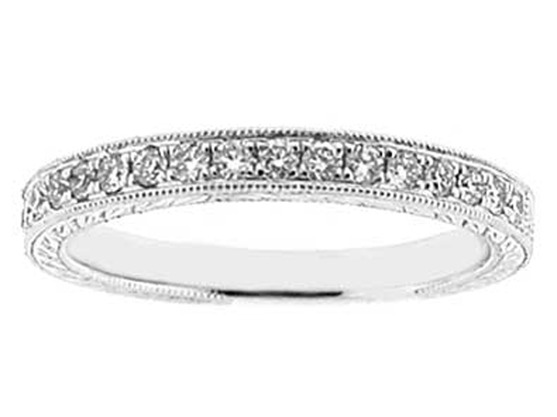 Vintage Inspired Diamond Band with Laser Cut Leaf Design and Beaded Milgrain in 18k White Gold