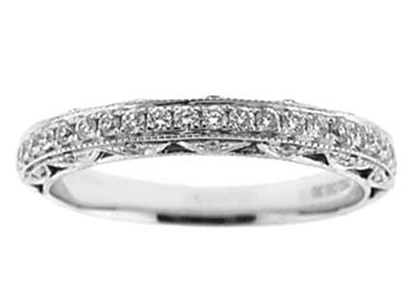 Three Side Band with Round Diamonds and Beaded Milgrain Design in 18k White Gold