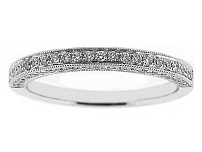 Three Side Band with Micro-Prong Set Round Diamonds Bordered by Beaded Milgrain in 18k White Gold