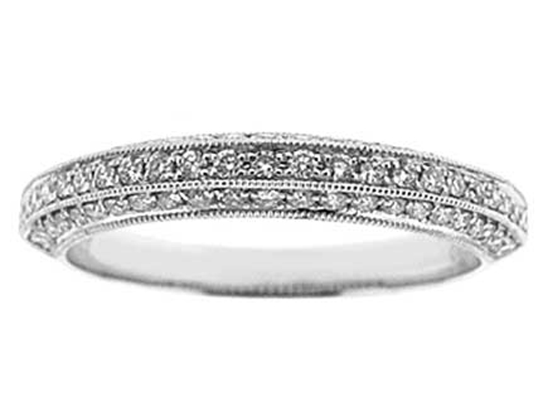 Three Side Band with Micro-Prong Set Round Diamonds Bordered by Beaded Milgrain in 18k White Gold