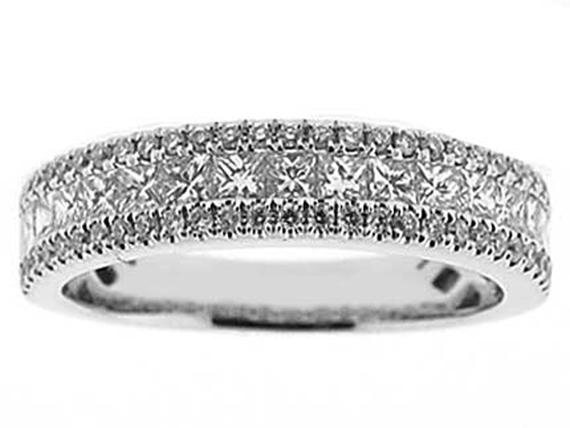 Combination Set Band with Channel Set Princess Cut Diamonds Bordered by Micro-Prong Round Diamonds in 18k White Gold
