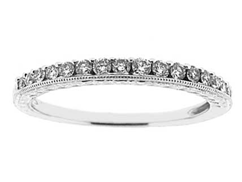 Three Side Band with Openwork and Engraved Side Profiles and Round Diamonds Set in 18k White Gold
