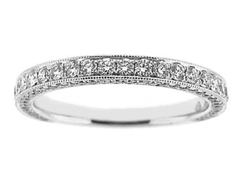 Triple Side Band with Micro-Pavé Set Round Diamonds Bordered by Beaded Milgrain in 18k White Gold