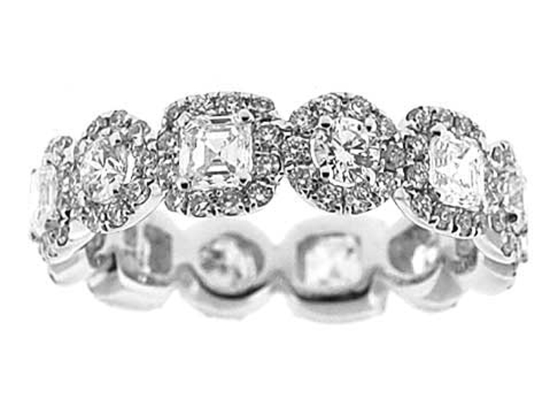 Eternity Band with Halos Surrounding Round and Asscher Cut Diamonds Set in 18k White Gold