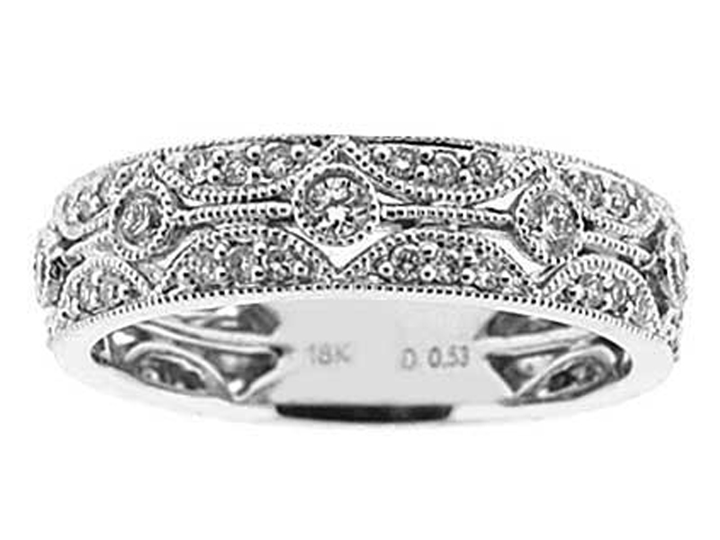 Milgrain Decorated Eternity Band with Bezel and Prong Set Diamonds in 18k White Gold