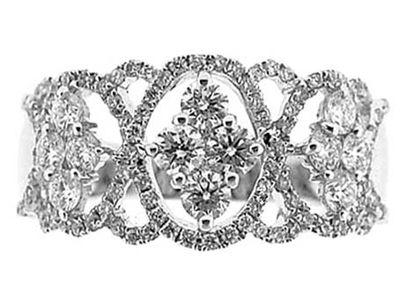 Right Hand Fancy Statement Ring with Diamonds and Halo Designs Set in 18K White Gold