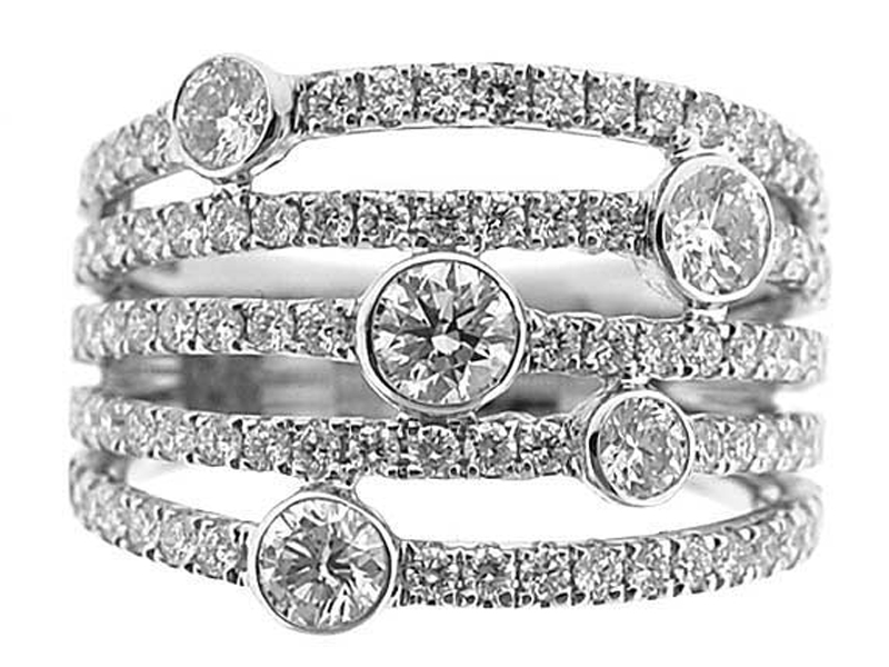 Statement Ring with 5 Rows of Bezel and Prong Set Diamonds Set in 18K White Gold