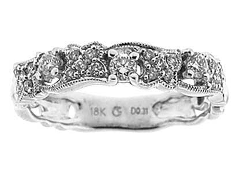 Milgrain Decorated Band with Prong and Micro-Prong Set Round Diamonds in 18k White Gold